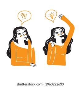 Una mujer hermosa está actuando en duda o emoción. Tener una buena idea, pensarlo. Ilustración vectorial aislada. Estilo de doodle de dibujos animados.