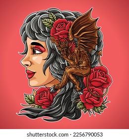 a beautiful woman adorned and red roses in her hair looks like she is being whispered by devil