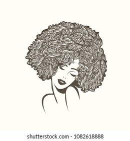 Beautiful Woman With Afro Curly Hairstyle And Elegant Makeup.Smiling Young Girl With Big Volume Hair.Cosmetics And Hair Salon Vector Icon.