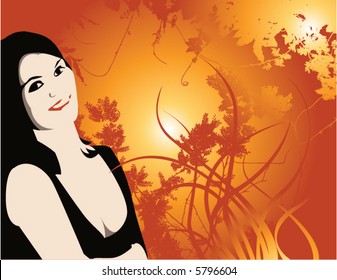 A beautiful woman against a muted floral background