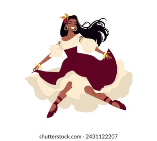 beautiful woman in allegorical clothes dancing happily. Typical dance, local culture. Vector illustration