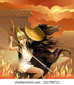 Beautiful Woman  Amazon On Horseback In The Struggle For Women's Emancipation On The Background Of The Fire, The Blazing Glow Of The Sky And The Ancient Ruins Of Old Time History. Vector Illustration.