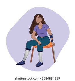 A beautiful woman with an amputated leg sitting on the stairs stairs