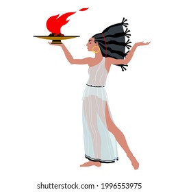 A beautiful woman in an ancient Greek tunic carries a burning bronze lamp. A dancing priestess with torch. Vector illustration isolated on a white background in a cartoon and flat design.