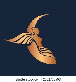 Beautiful woman angel and shiny moon shape illustration.Young lady decorative wing character.Cute female isolated on dark background.Metallic gold color.Fairy logo.Night sky symbol.