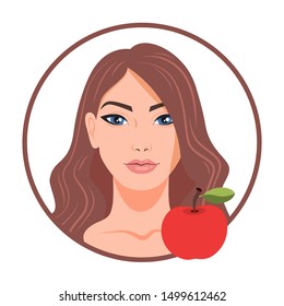 Beautiful woman and apple. Idea of healthy nutrition and fresh food. Slimming diet, fruit ingredient. Isolated vector illustration in cartoon style