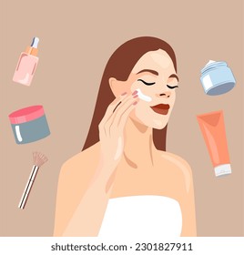 A beautiful woman applies cream to her face. Byutt procedures at home and in the salon. A set of cosmetics for face and body skin. Sun protection, moisturizing and nourishing the skin. Self-care.