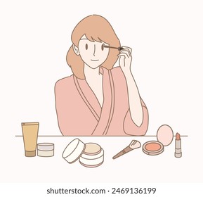 Beautiful woman applying beauty cosmetics products, makeup, holding mascara. Hand drawn flat cartoon character vector illustration.