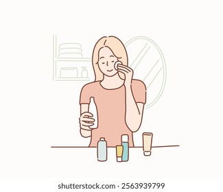 beautiful woman applying cosmetic cream. Hand drawn style vector design illustrations.	