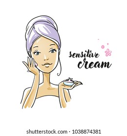 Beautiful woman, applying cream foundation to her face before makeup, or after cleansing. Hand drawn cartoon sketch vector illustration, marker style coloring, isolated. 