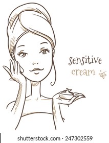 Beautiful woman, applying cream to her face before makeup, cosmetic, spa treatment. Hand drawn vector illustration