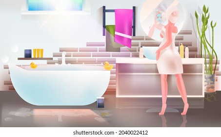 beautiful woman applying face mask modern bathroom interior full length horizontal