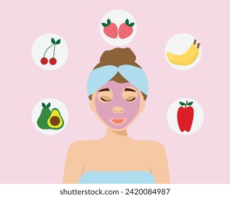 Beautiful woman applying face mask on her face. Using natural  home made beauty products. flat vector illustration.