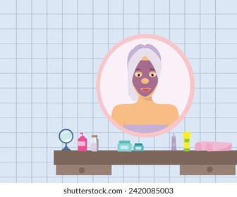 Beautiful woman applying face mask on her face. Using natural  home made beauty products. flat vector illustration.