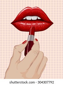 Beautiful woman applying lipstick. Vector hand drawn illustration.