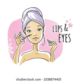 Beautiful woman, applying mascara, lipstick, makeup, cosmetic. Hand drawn cartoon sketch vector illustration, marker style coloring on pink background. 