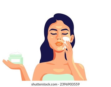 Beautiful woman applying moisturizer on her face. Girl who smeared her face with cream, after which her skin will be tender and without wrinkles. Self-love and self-esteem concept. Vector illustration