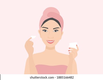 Beautiful woman applying moisturizing cream on her face vector illustration. Skin care, beauty routine, selfcare, cosmetics and makeup concept 