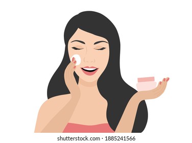 Beautiful woman applying moisturizing cream on her face vector illustration. Skin care, beauty treatment, self-care, beauty routine, spa concept 