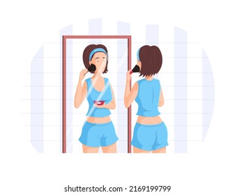 Beautiful woman applying powder in front of mirror. Attractive young woman doing makeup with brush while looking at mirror. Everyday personal care, beauty daily routine flat vector