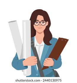 Beautiful woman architect holding blueprint paper and clipboard. Flat Vector Illustration Isolated on White Background