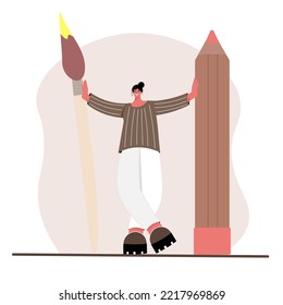 A beautiful woman artist stands next to a huge pencil and a huge brush near. Creative vector illustration.