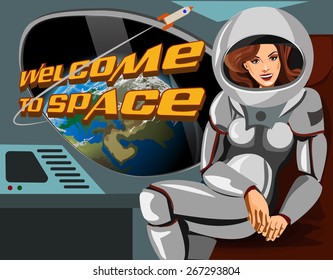 Beautiful woman astronaut in a spacesuit sitting   spaceship. Welcome to space.