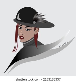 beautiful woman in asymmetrical hat with bird feather accessories