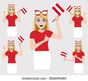 A beautiful woman with the Austrian flag. A set of fan emotions. Vector illustration in cartoon style.