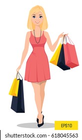 Beautiful woman with bags. Attractive cartoon girl in beautiful  dress on a shopping spree. 
Purchase on sale. Vector illustration EPS10