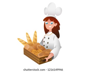 Beautiful woman baker standing with a wooden box with cookies. Cartoon female character at work. Bakery products and pastries set isolated on white. Bakery shop and baker at bakehouse. 