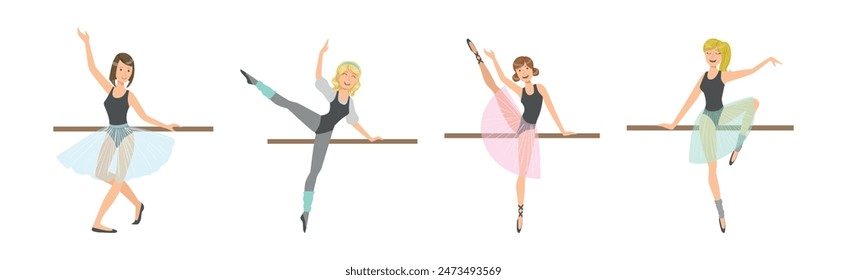 Beautiful Woman Ballerina Character with Slim Body in Pointe Shoes Do Pirouette Vector Set