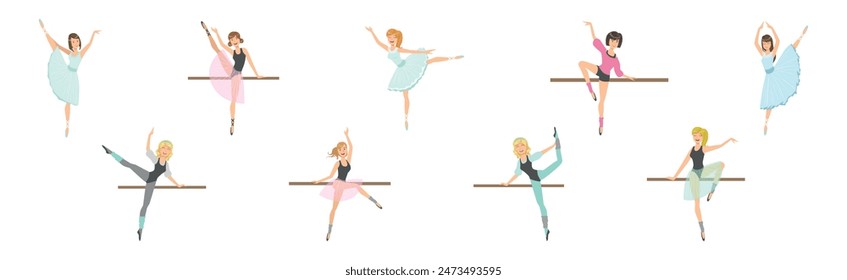 Beautiful Woman Ballerina Character with Slim Body in Pointe Shoes Do Pirouette Vector Set