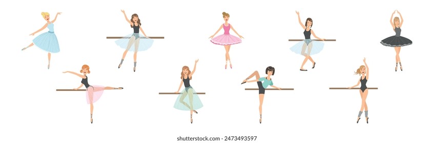 Beautiful Woman Ballerina Character with Slim Body in Pointe Shoes Do Pirouette Vector Set