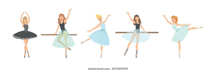 Beautiful Woman Ballerina Character with Slim Body in Pointe Shoes Do Pirouette Vector Set