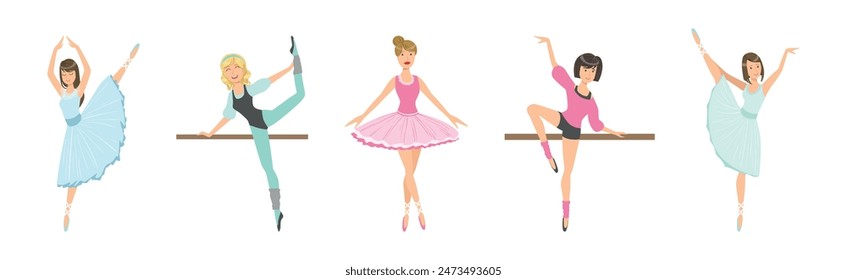 Beautiful Woman Ballerina Character with Slim Body in Pointe Shoes Do Pirouette Vector Set