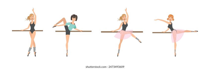 Beautiful Woman Ballerina Character with Slim Body in Pointe Shoes Do Pirouette Vector Set