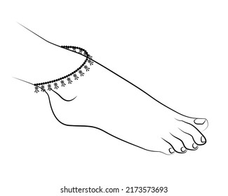 Beautiful Woman bare Feet line drawing with Anklet isolated on white background - vector illustration