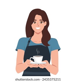 Barista mujer hermosa que trabaja en la cafetería de pie y que sostiene el café para los clientes. Ilustración vectorial plana aislada sobre fondo blanco