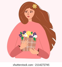 Beautiful woman with a basket of flowers. Vector illustration for postcard, book, poster, website