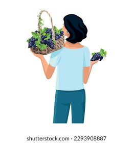 Mujer hermosa con una canasta de uvas. Vista desde atrás. Cosecha de uva y viticultura. Ilustración vectorial aislada en fondo blanco.