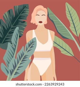 beautiful woman in a bathing suit on a background of tropical leaves. Vector illustration for summer vacation on the beach, travel, vacation trip to the sea. Girl model in bikini. tropical islands