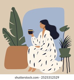 Beautiful woman in a bathrobe enjoys a cup of tea or coffee at home. Wellness concept.