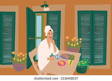 Beautiful woman in bathrobe and towel on her head having a breakfast with coffee and croissants, sitting by the table at terrace near the hotel or house. Vector illustration
