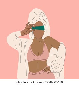 Beautiful woman in bathrobe and turban with cream . Lady having beauty day on weekend. Spa, relaxation concept. Hand drawn Vector illustration. Cartoon style
