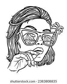 beautiful woman with beach glasses line illustration