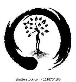 beautiful woman become tree inside zen symbol, personal grow,  healing, connection with earth, logo icon