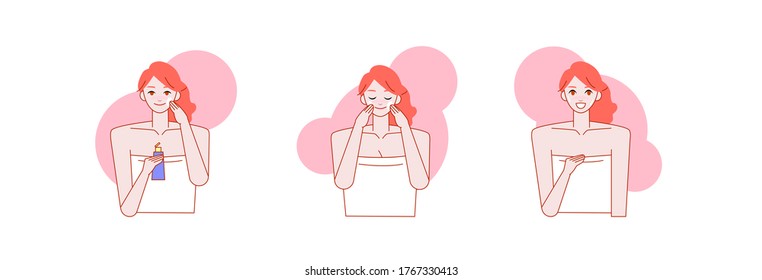 Beautiful woman before and after applying foundation or moisturizer or both anti-aging creams and night and day.  She is feeling happiness on her face. Skin care concepte. Vector illustration.