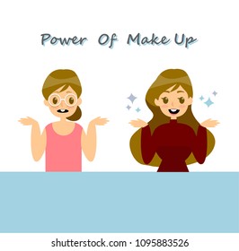  Beautiful woman before and after makeup, Cartoon vector illustration