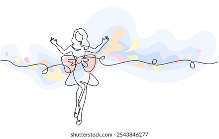 Beautiful woman with big bow ribbon. Continuous one line drawing with color splash. Vector illustration. Concept for logo, card, banner, poster, flyer for Christmas, Valentines day, Women day